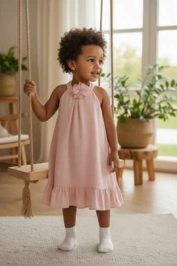 Φόρεμα σομον με λουλούδι- καρφίτσα 