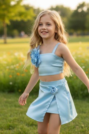 Σετ φούστα-σορτς τοπ με καρφίτσα λουλούδι γαλάζιο - Image 1
