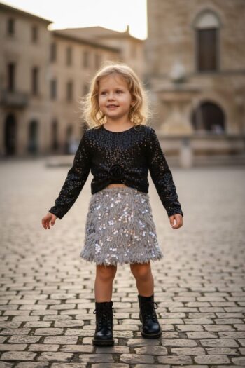 Σετ τοπ με φούστα πούπουλα με παγιετα - Image 2