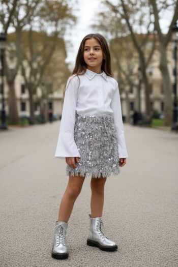 Σετ πουκάμισο με στρας στο γιακά και φούστα πούπουλα με παγετα.